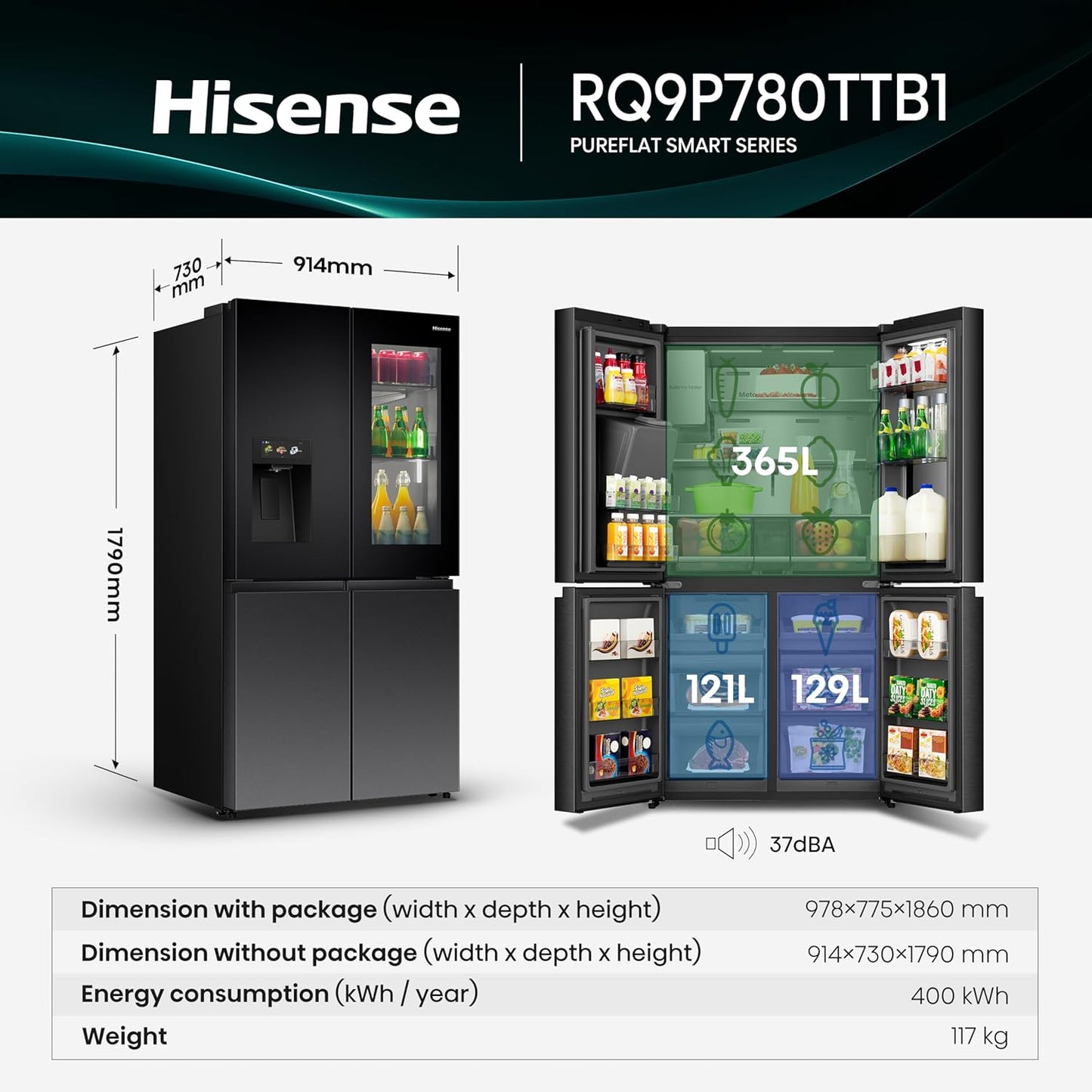 Hisense RQ9P780TTB1 Gross 780L Net 615L, Premium Flat Door French Refrigerator Pure View Door Series 6.86 TFT Screen with Intelligent Hub Function, Advanced UV Ice & Water Treatment Technology.