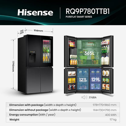 Hisense RQ9P780TTB1 Gross 780L Net 615L, Premium Flat Door French Refrigerator Pure View Door Series 6.86 TFT Screen with Intelligent Hub Function, Advanced UV Ice & Water Treatment Technology.