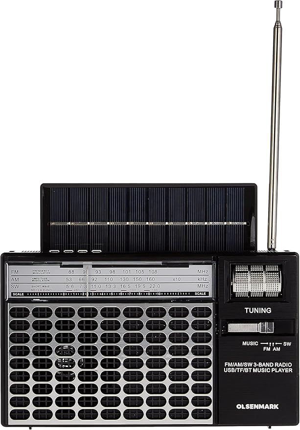 Olsenmark Portable Rechargeable 3-Band Retro Radio with Bluetooth, USB, TF, MP3 Player, Microphone, Karaoke & Solar Charging – OMR1276 – Black