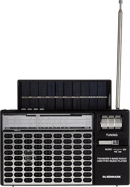 Olsenmark Portable Rechargeable 3-Band Retro Radio with Bluetooth, USB, TF, MP3 Player, Microphone, Karaoke & Solar Charging – OMR1276 – Black