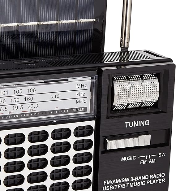Olsenmark Portable Rechargeable 3-Band Retro Radio with Bluetooth, USB, TF, MP3 Player, Microphone, Karaoke & Solar Charging – OMR1276 – Black