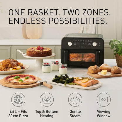 Panasonic NF-BC1000 Flex Air Fryer with Viewing Window, XL Flexible Basket, Basket Divider, 9.6L, 30°-230°C, Gentle Steam, 8 Presets, Easy Clean, Black