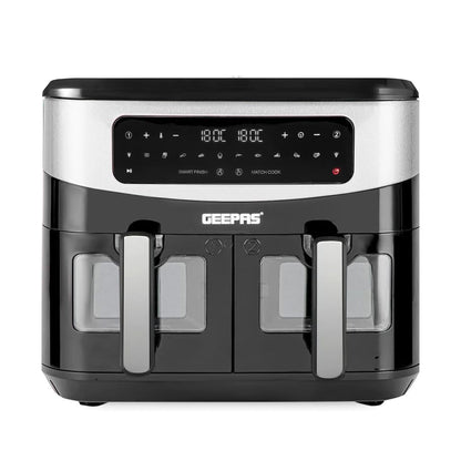 GEEPAS Dual Zone Digital Air Fryer with Visual Window | 9L XL Capacity 2 Drawers 10-In-1 Cooking Presets | Touch Screen Smart Finish Timer Function Dishwasher-Safe Healthy Oil Free & Low Fat Cooking
