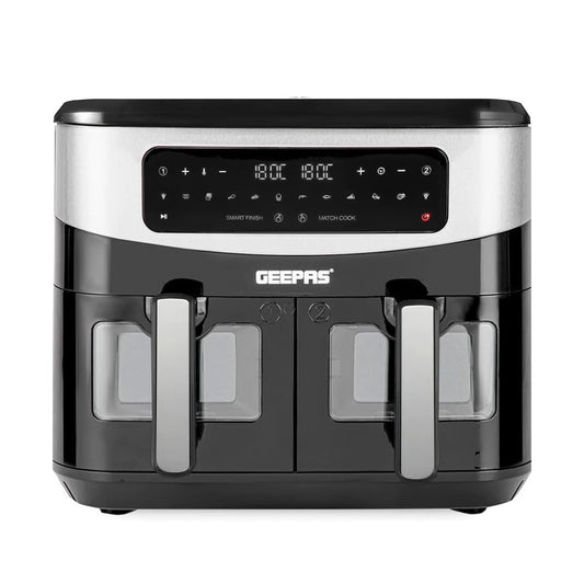 GEEPAS Dual Zone Digital Air Fryer with Visual Window | 9L XL Capacity 2 Drawers 10-In-1 Cooking Presets | Touch Screen Smart Finish Timer Function Dishwasher-Safe Healthy Oil Free & Low Fat Cooking