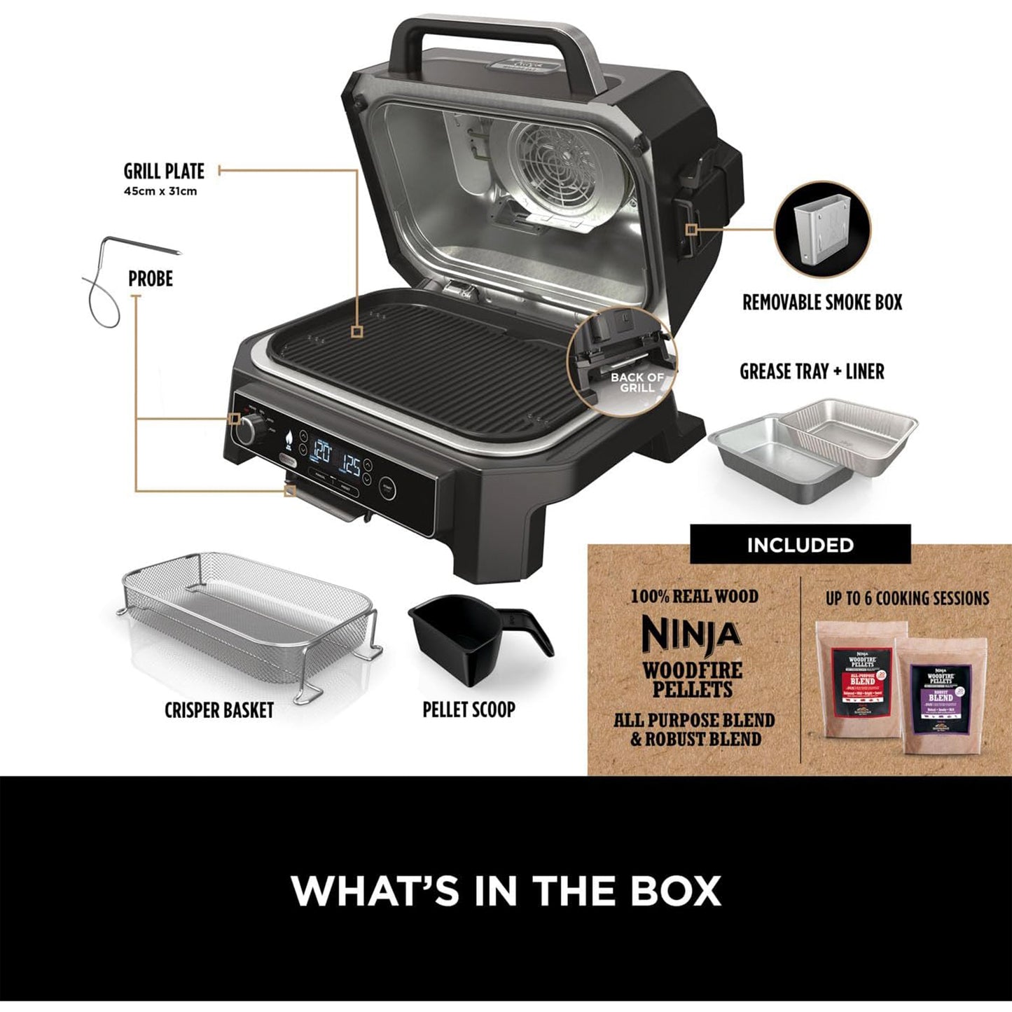Ninja Woodfire Pro XL Electric BBQ Grill & Smoker with Digital Probe (OG850UK)