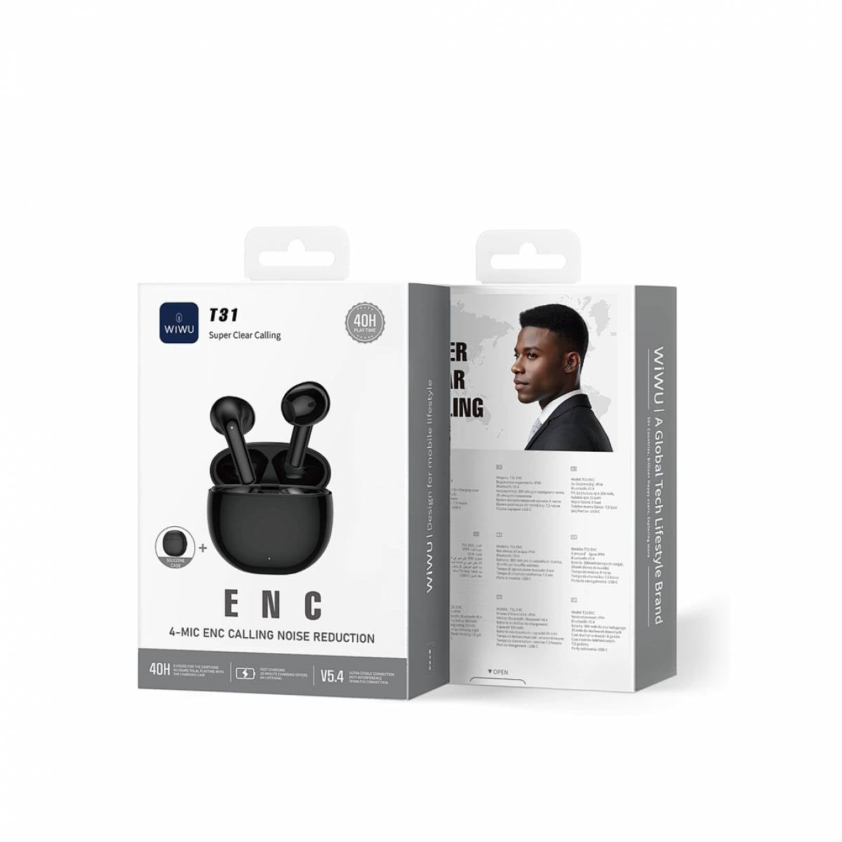 WiWU T31 ENC Half In Ear 4 Mic ENC TWS, Noise Reduction IPX4 Waterproof, 40H Battery Fast Charging - Black