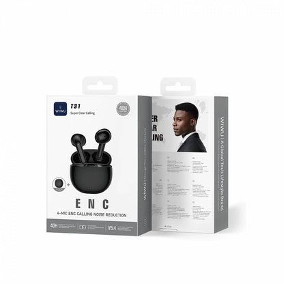 WiWU T31 ENC Half In Ear 4 Mic ENC TWS, Noise Reduction IPX4 Waterproof, 40H Battery Fast Charging - Black