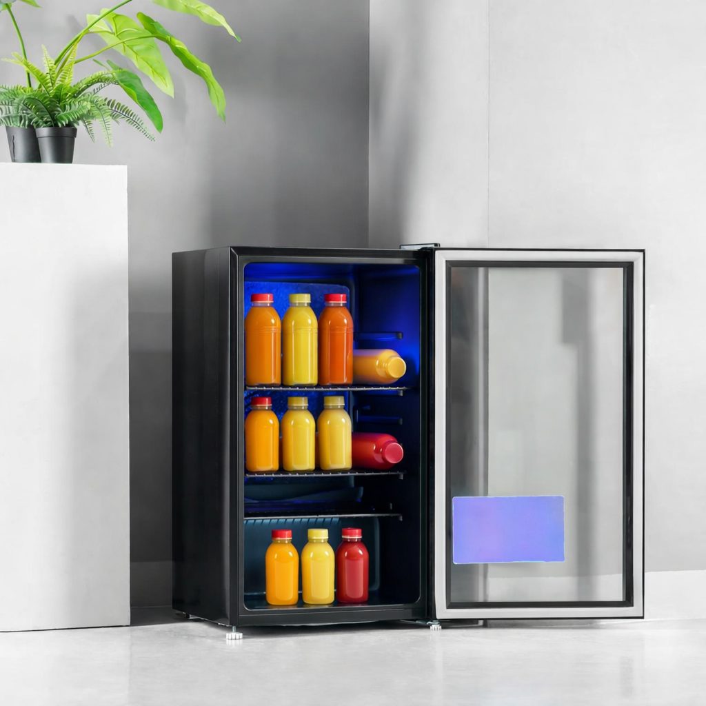 Geepas GSC1223 120L Showcase Chiller – Quick Cooling with Low-E Double Glass Door, Low Noise, Energy Efficient, Adjustable Wire Shelves, LED Interior Light, Black