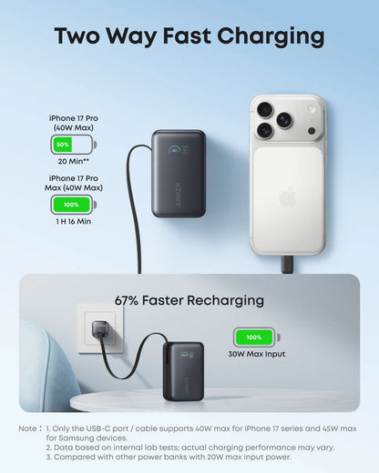 Anker Nano Power Bank (10K, 45W, Built-In Retractable USB-C Cable) - Black