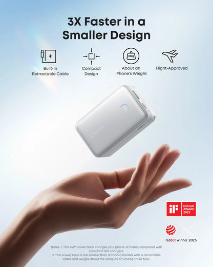 Anker Nano Power Bank (10K, 45W, Built-In Retractable USB-C Cable) - White