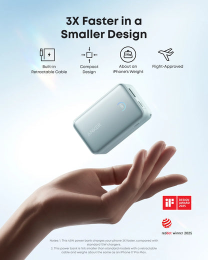 Anker Nano Power Bank (10K, 45W, Built-In Retractable USB-C Cable) - Green
