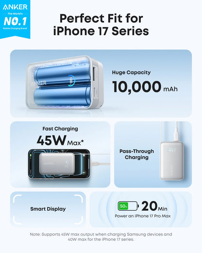Anker Nano Power Bank (10K, 45W, Built-In Retractable USB-C Cable) - White