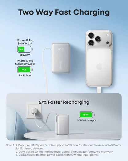 Anker Nano Power Bank (10K, 45W, Built-In Retractable USB-C Cable) - White