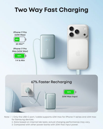 Anker Nano Power Bank (10K, 45W, Built-In Retractable USB-C Cable) - Green