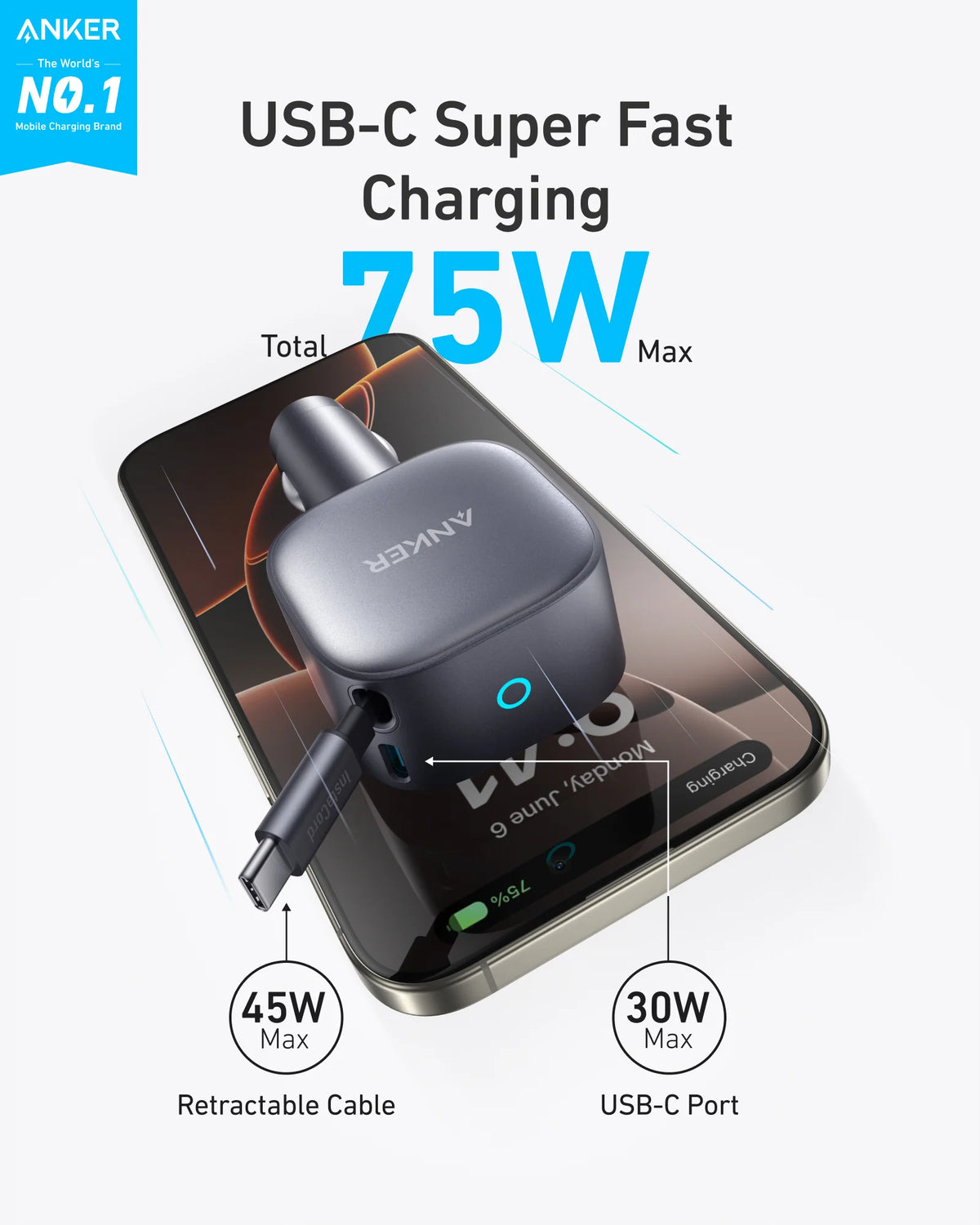 Anker Nano 75W - Fast Car Charger with Retractable Cable - Black
