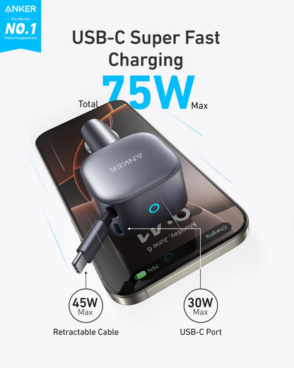 Anker Nano 75W - Fast Car Charger with Retractable Cable - Black