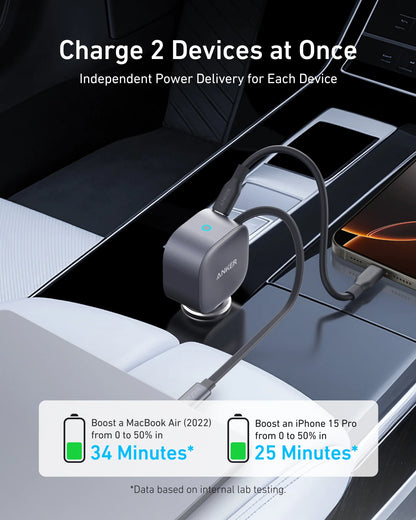 Anker Nano 75W - Fast Car Charger with Retractable Cable - Black