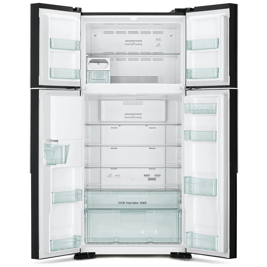 Hitachi 540L 4-Door French Door Refrigerator with Water Dispenser & Inverter - Glass Black (R-W800PJ7)