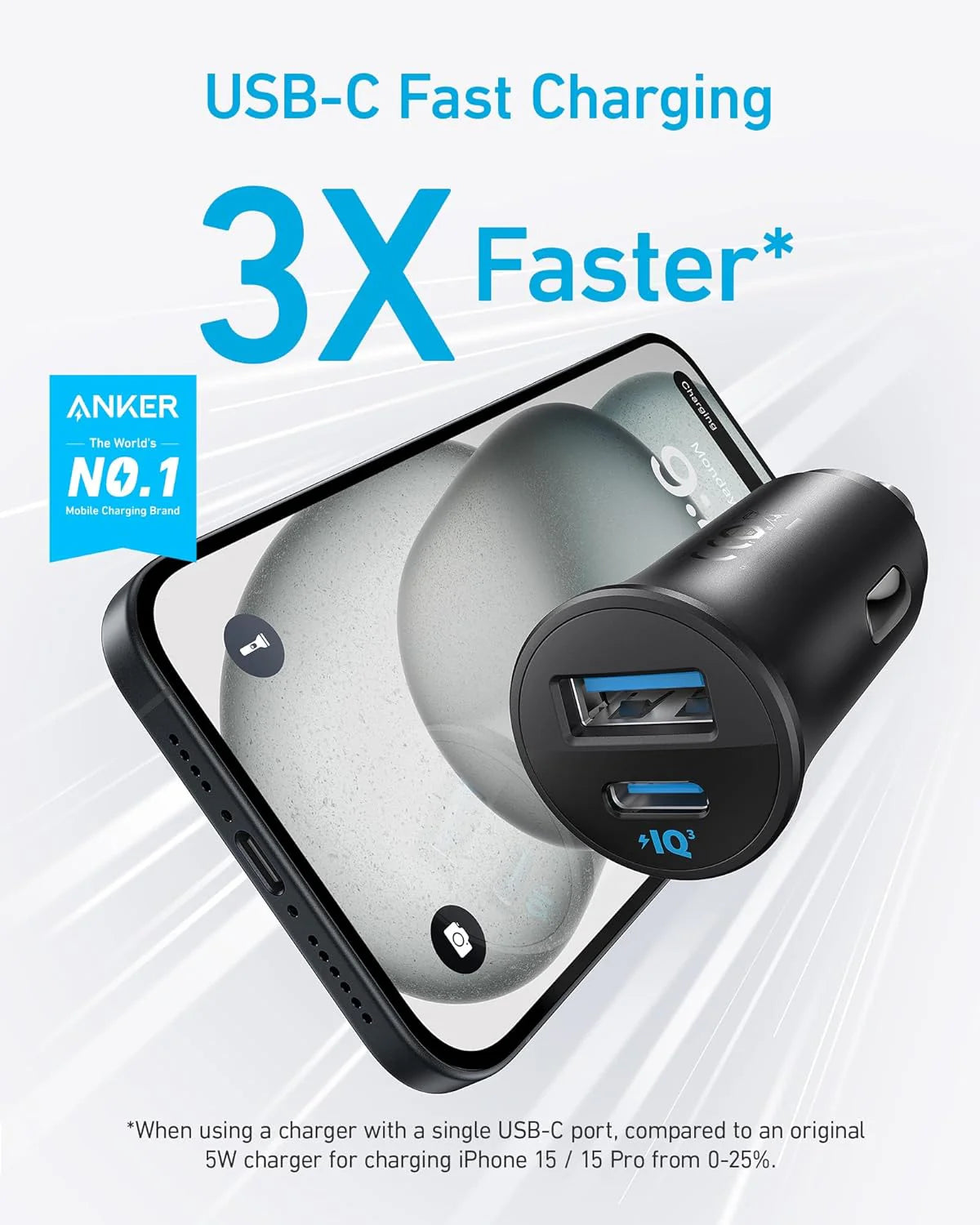 Anker USB C Car Charger 30W Fast & Safe Dual Charging - Black