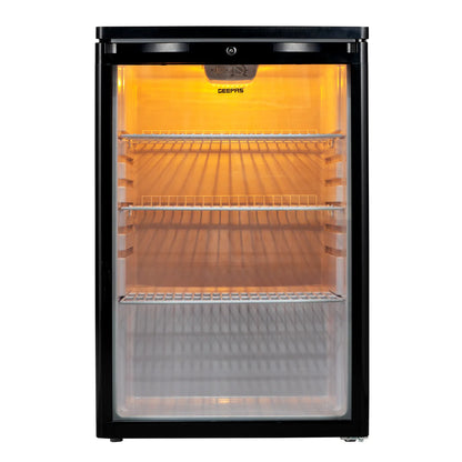 Geepas GSC1601BE 165L Showcase Chiller – CFC-Free R600a, Adjustable Thermostat, Lock & Key, Low Noise, Outside Condenser, Efficient Compressor, Glass Door, Black