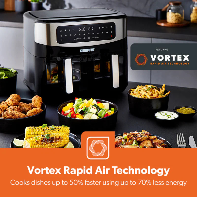GEEPAS Dual Zone Digital Air Fryer with Visual Window | 9L XL Capacity 2 Drawers 10-In-1 Cooking Presets | Touch Screen Smart Finish Timer Function Dishwasher-Safe Healthy Oil Free & Low Fat Cooking