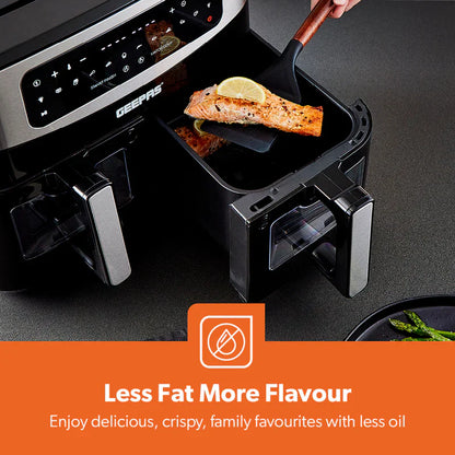 GEEPAS Dual Zone Digital Air Fryer with Visual Window | 9L XL Capacity 2 Drawers 10-In-1 Cooking Presets | Touch Screen Smart Finish Timer Function Dishwasher-Safe Healthy Oil Free & Low Fat Cooking