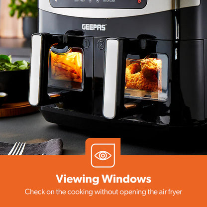 GEEPAS Dual Zone Digital Air Fryer with Visual Window | 9L XL Capacity 2 Drawers 10-In-1 Cooking Presets | Touch Screen Smart Finish Timer Function Dishwasher-Safe Healthy Oil Free & Low Fat Cooking