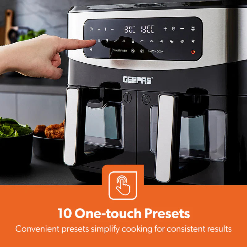 GEEPAS Dual Zone Digital Air Fryer with Visual Window | 9L XL Capacity 2 Drawers 10-In-1 Cooking Presets | Touch Screen Smart Finish Timer Function Dishwasher-Safe Healthy Oil Free & Low Fat Cooking