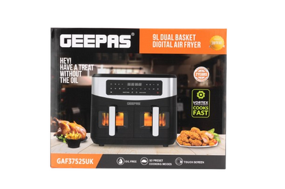 Geepas Dual Basket Digital Air Fryer 9L With VORTEX Air Frying Technology (GAF37525)