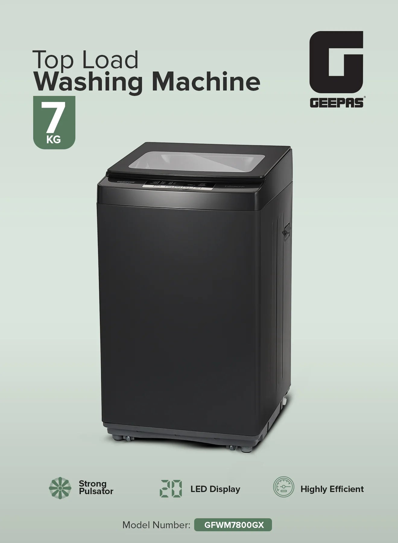 Geepas GFWM7800LCQ Fully Automatic Top Load Washing Machine 7KG – LED Display