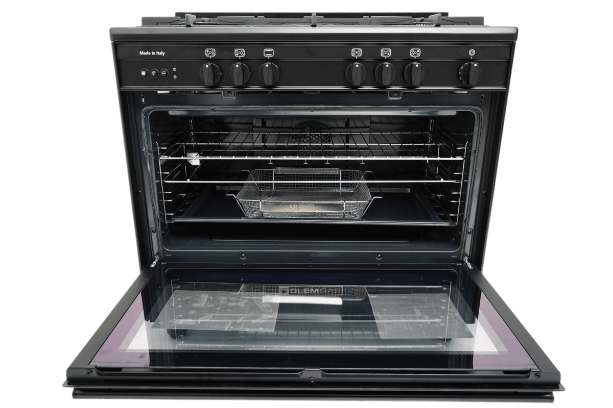 Glem Gas Specialista SB 90cm Black Freestanding Gas Cooker with 5 Burners 106L Oven Fan AirFryer Full Safety – SB9612RBKFSG AF
