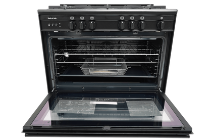 Glem Gas Specialista SB 90cm Black Freestanding Gas Cooker with 5 Burners 106L Oven Fan AirFryer Full Safety – SB9612RBKFSG AF