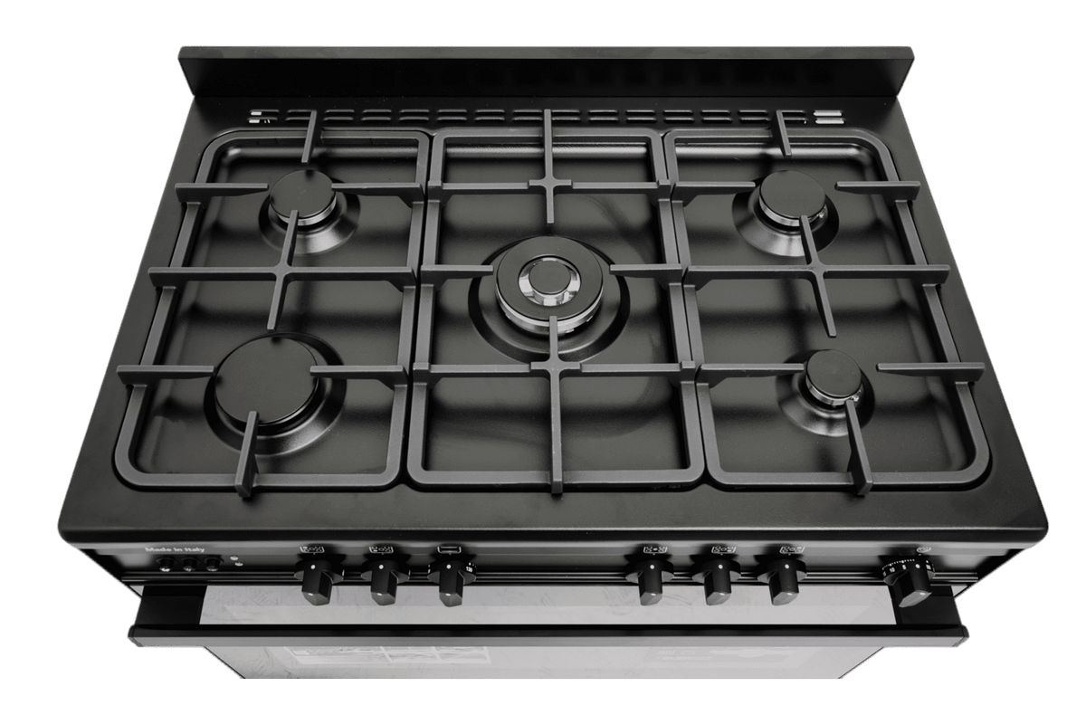 Glem Gas Specialista SB 90cm Black Freestanding Gas Cooker with 5 Burners 106L Oven Fan AirFryer Full Safety – SB9612RBKFSG AF