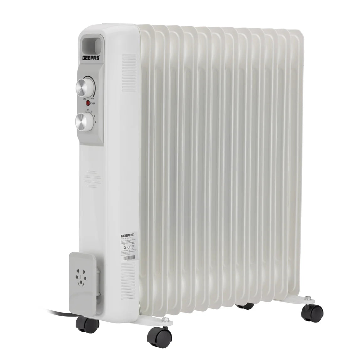 Geepas GRH28562 Oil Filled Radiator Heater – 13 Fins, 1100W/1500W/2600W, Adjustable Thermostat, Overheat Protection, Stable Castor Wheels, White