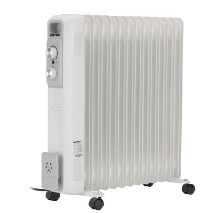 Geepas GRH28562 Oil Filled Radiator Heater – 13 Fins, 1100W/1500W/2600W, Adjustable Thermostat, Overheat Protection, Stable Castor Wheels, White