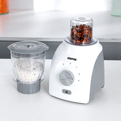 Geepas GSB44034N 3-in-1 Blender – 600W, Powerful Motor with 3 Speed & Pulse, Stainless Steel Blades, Grinder & Chopper Attachments, White & Grey
