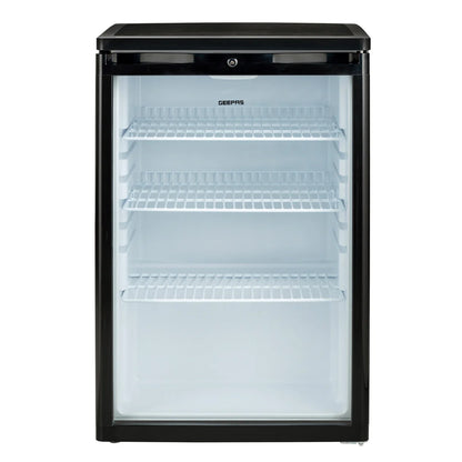 Geepas GSC1601BE 165L Showcase Chiller – CFC-Free R600a, Adjustable Thermostat, Lock & Key, Low Noise, Outside Condenser, Efficient Compressor, Glass Door, Black