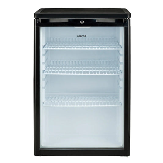Geepas GSC1601BE 165L Showcase Chiller – CFC-Free R600a, Adjustable Thermostat, Lock & Key, Low Noise, Outside Condenser, Efficient Compressor, Glass Door, Black