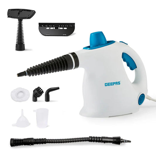 Geepas GSC63064UK Handheld Steam Cleaner – 1050W, 380ml Water Tank, 9 Accessories, 110°C Steam Temperature, Lightweight & Portable, Blue and White