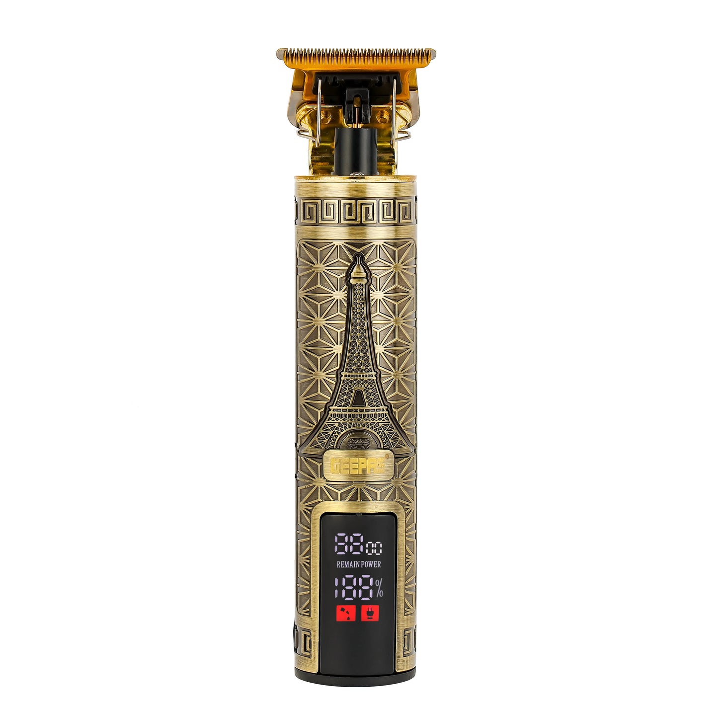 Geepas GTR56038 Professional Digital Hair Clipper – High-Performance T-Blade, 1200mAh Li-ion Battery, 180-Minute Runtime, LCD Display, Type-C Fast Charging, Golden & Black