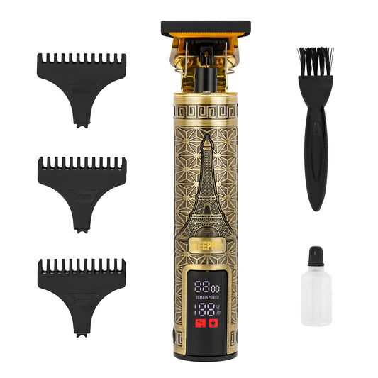 Geepas GTR56038 Professional Digital Hair Clipper – High-Performance T-Blade, 1200mAh Li-ion Battery, 180-Minute Runtime, LCD Display, Type-C Fast Charging, Golden & Black