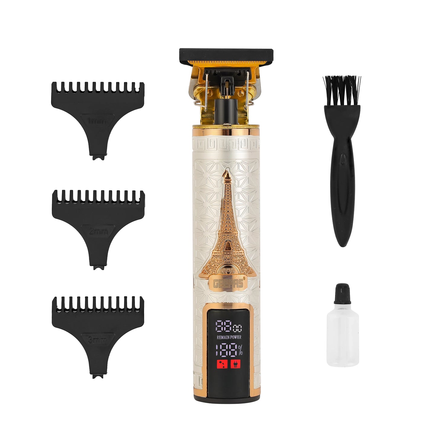 Geepas GTR56039 Professional Digital Hair Clipper – T-Blade with R-Type Design, 1200mAh Li-ion Battery, 180-Minute Runtime, LCD Display, Type-C Fast Charging, Silver & Golden
