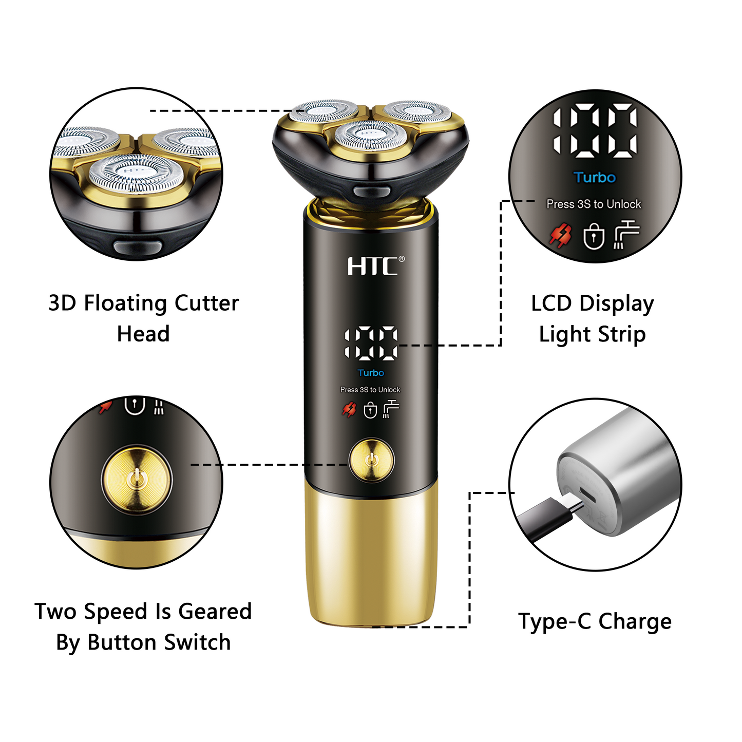 HTC GT-699 IPX6 Fully Washable Shaver with LED Display for Men