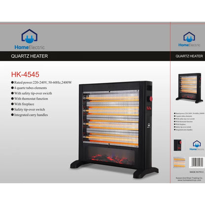 Home Electric 2400W Quartz Heater with Fireplace Effect, 4 Quartz Tubes, Thermostat, Tip-Over Safety Switch, HK-4545