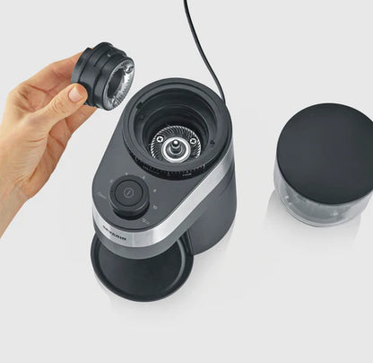 Severin coffee grinder for balanced grinding, 30 grind settings, removable bean container, 140W, stainless steel