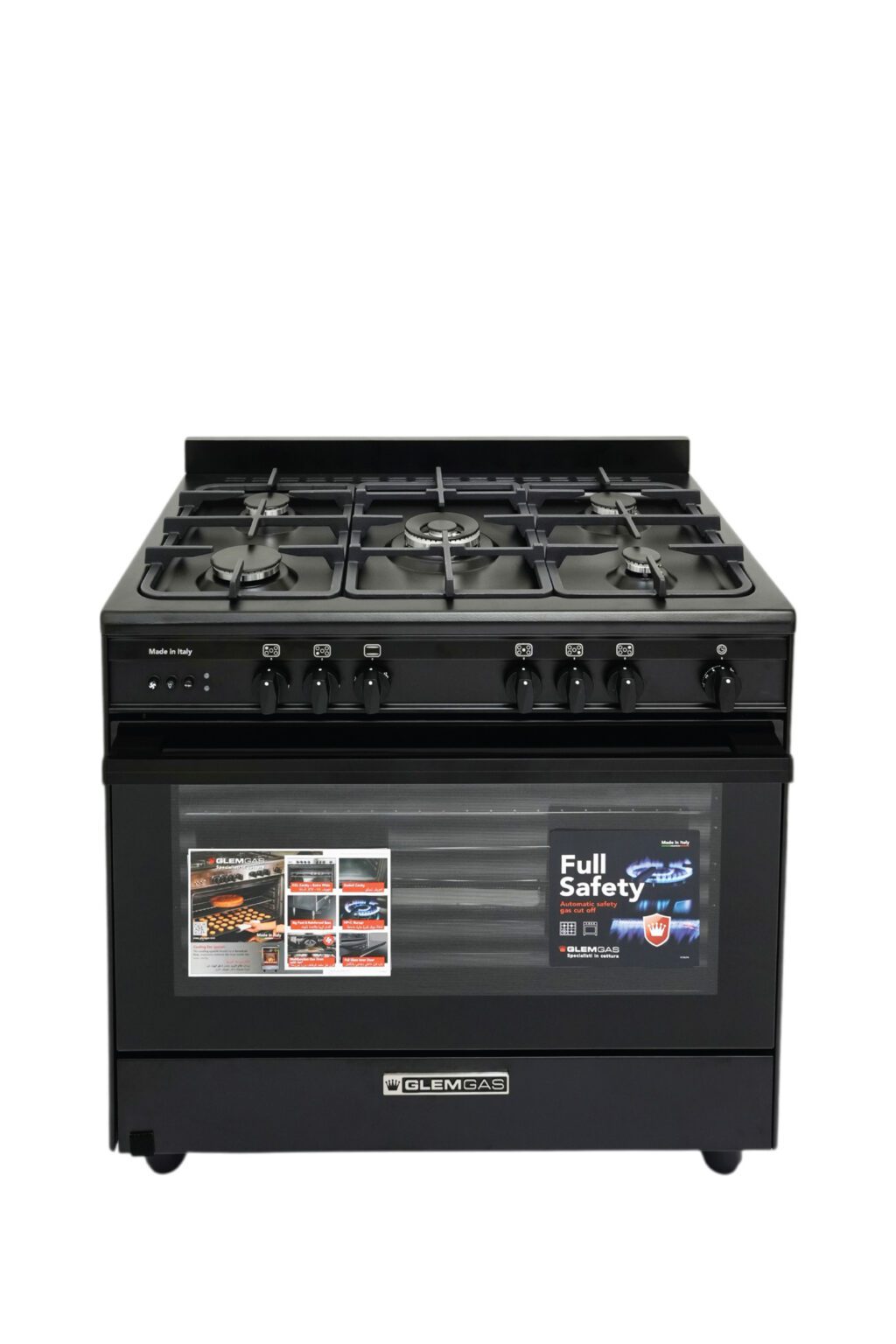 Glem Gas Specialista SB 90cm Black Freestanding Gas Cooker with 5 Burners 106L Oven Fan AirFryer Full Safety – SB9612RBKFSG AF