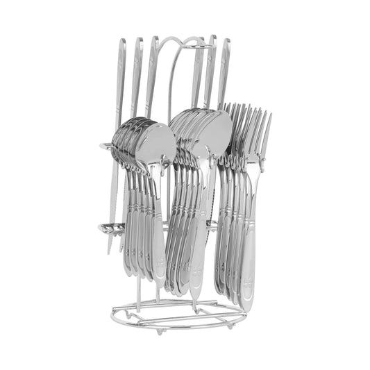 Royalford Stainless Steel Cutlery Set 25 PCS with stand |durable, rust resistant construction with a polished finish, ergonomic design and organized storage