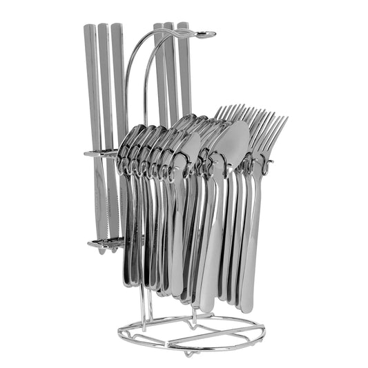 Royalford 25-piece stainless steel cutlery set with elegant stand | rust-resistant mirror finish, ergonomic design, durable build, perfect for everyday dining