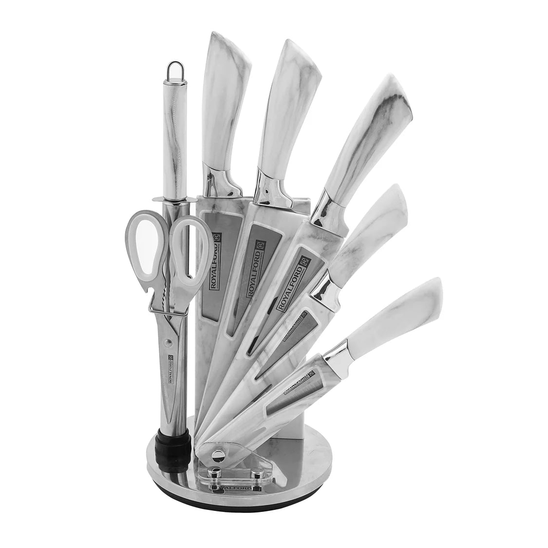 Royalfor 8-Piece Kitchen Knives Set | High-Grade Stainless Steel Blades| Stylish Marble Finish Handles| Rotating Stand | Scissors & Sharpener Included