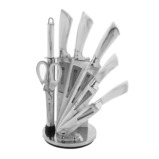 Royalfor 8-Piece Kitchen Knives Set | High-Grade Stainless Steel Blades| Stylish Marble Finish Handles| Rotating Stand | Scissors & Sharpener Included